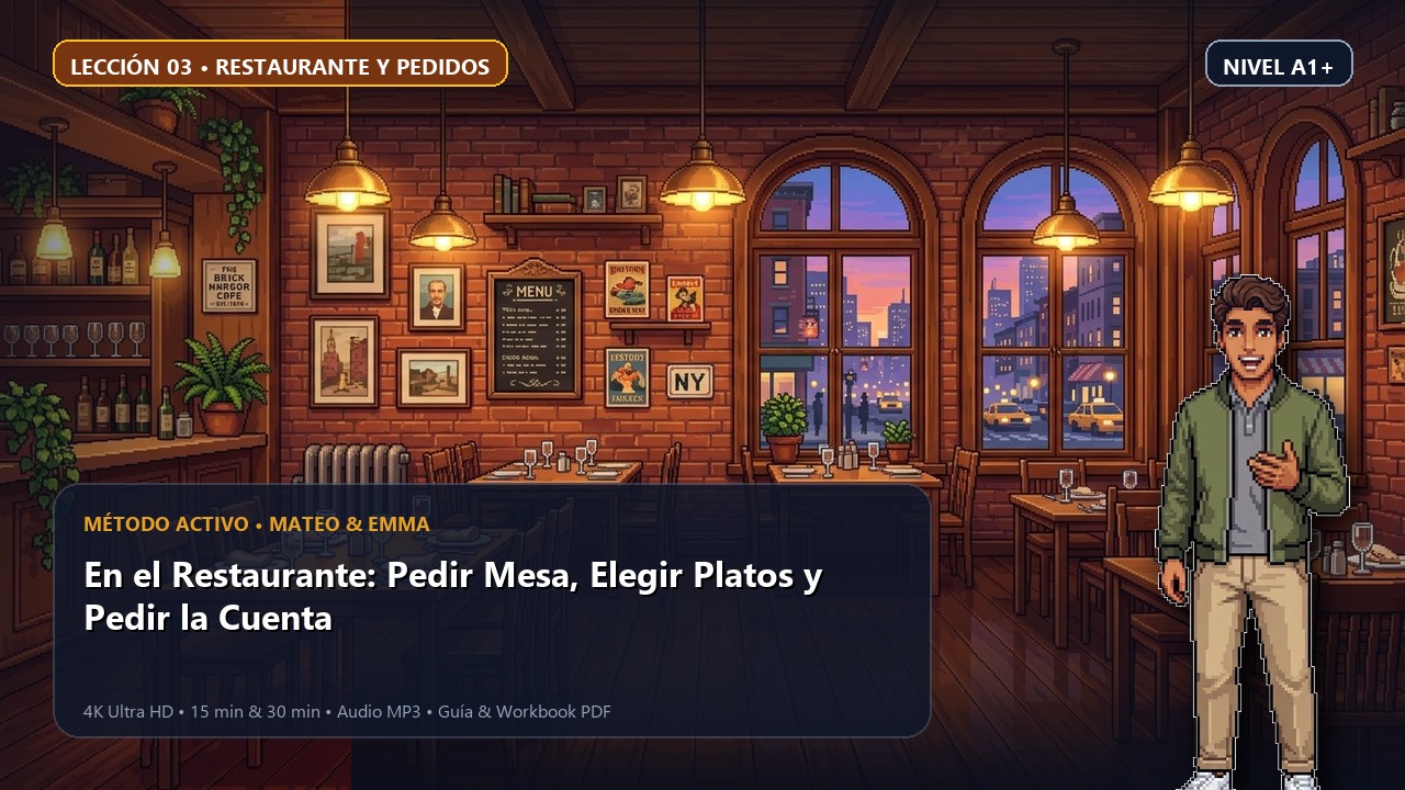Portada de la lección 03: En el Restaurante: Pedir Mesa, Elegir Platos y Pedir la Cuenta