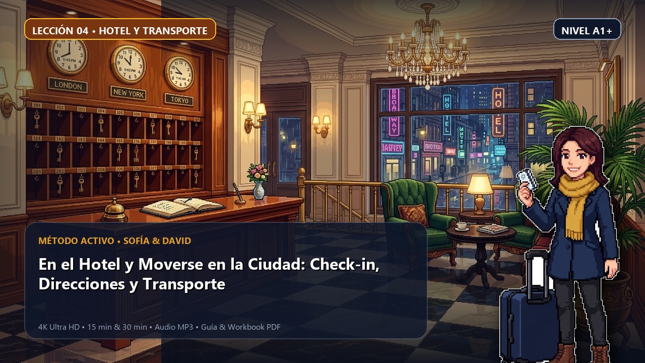 Portada de la lección 04: En el Hotel y Moverse en la Ciudad: Check-in, Direcciones y Transporte