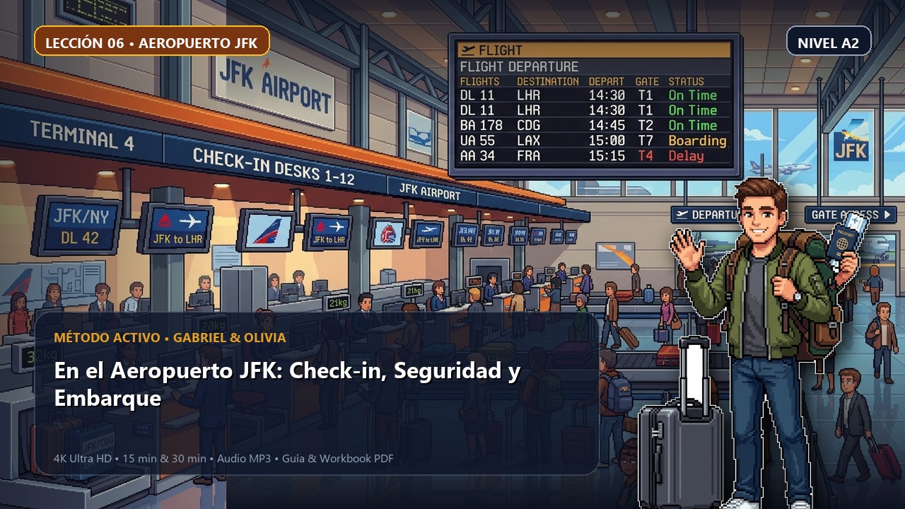Portada de la lección 06: En el Aeropuerto JFK: Check-in, Seguridad y Embarque