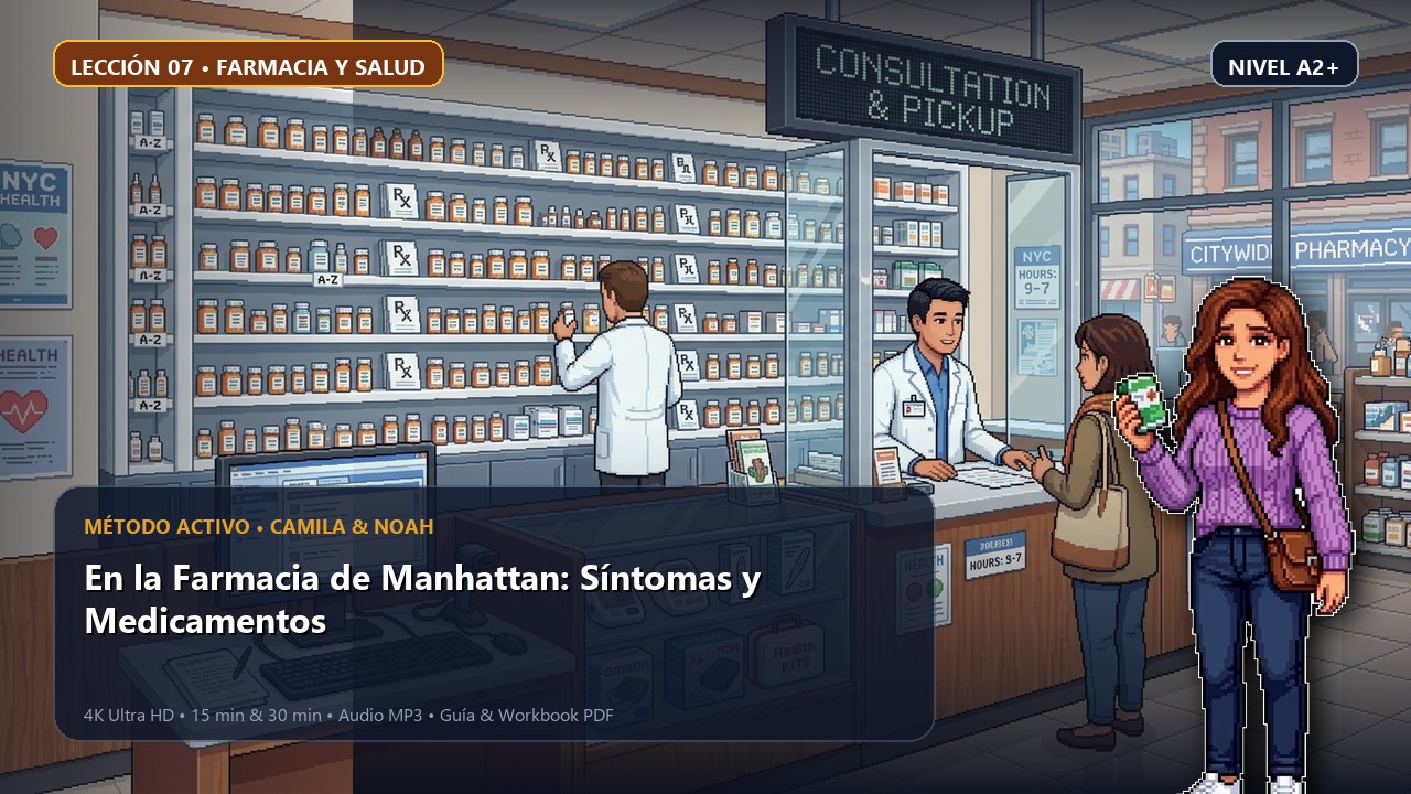 Portada de la lección 07: En la Farmacia de Manhattan: Síntomas y Medicamentos