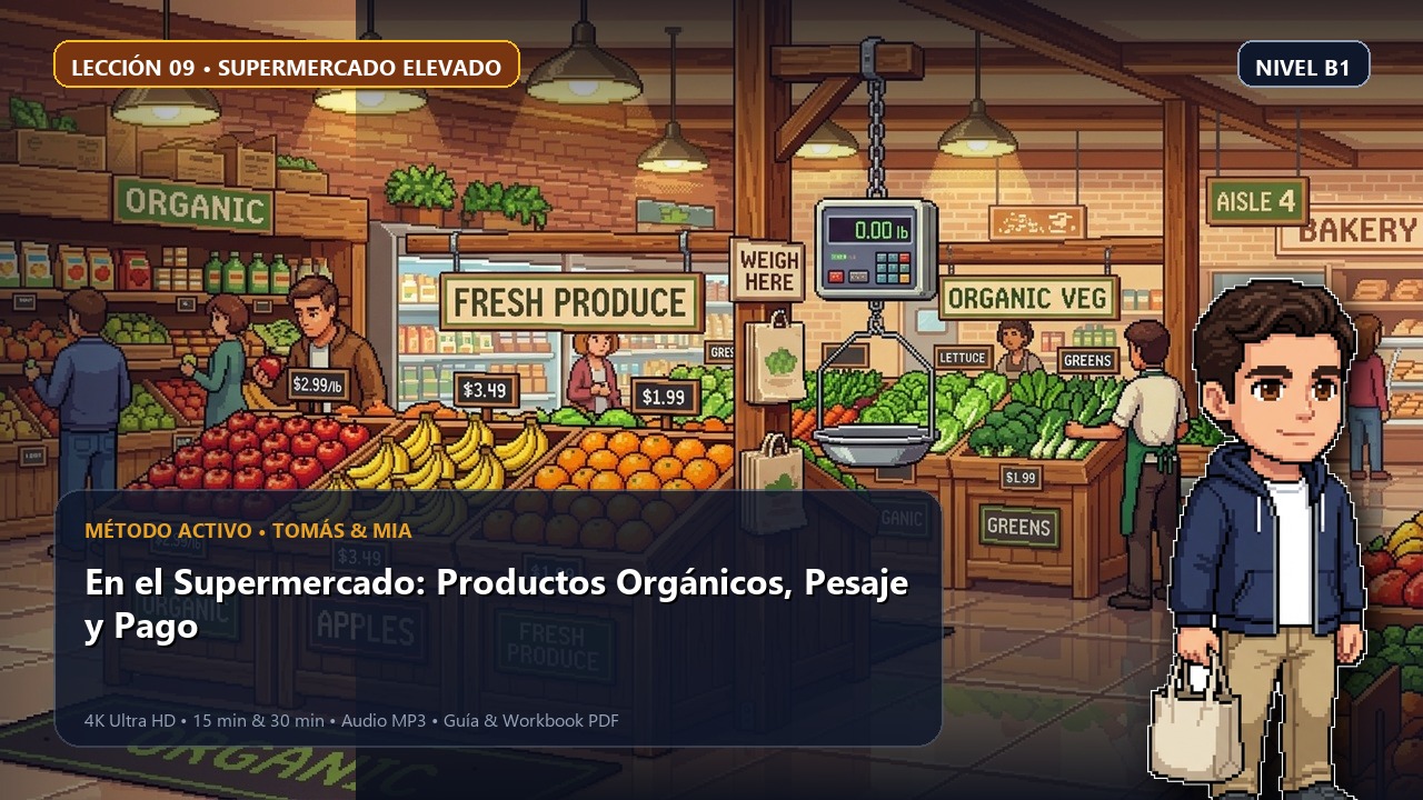 Portada de la lección 09: En el Supermercado: Productos Orgánicos, Pesaje y Pago