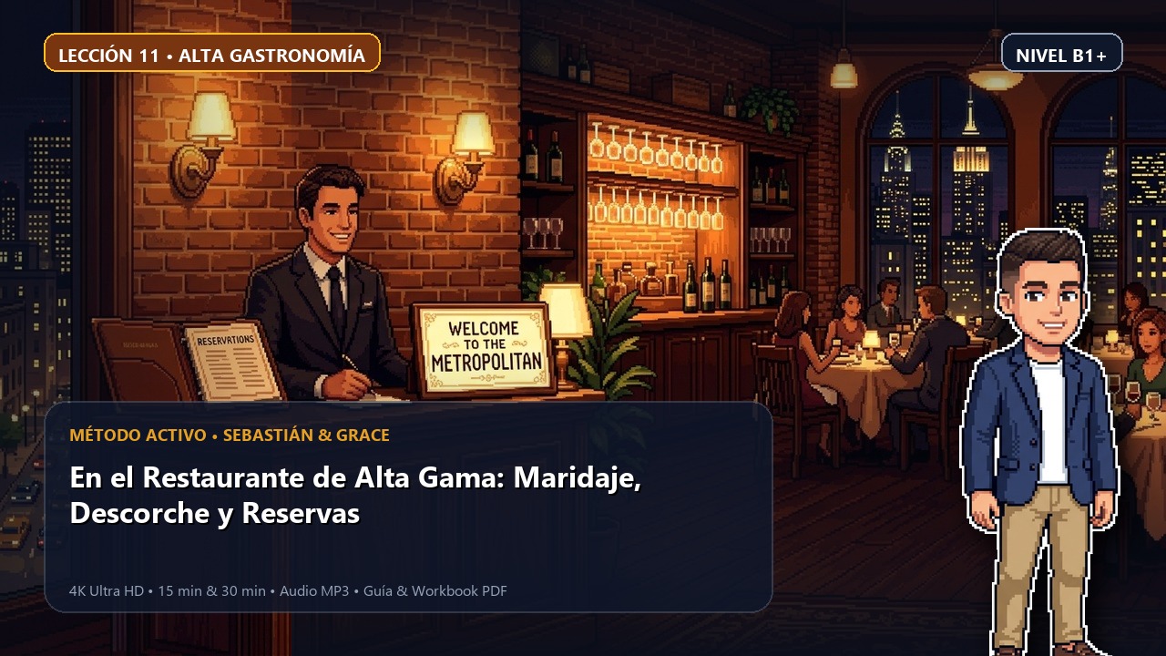 Portada de la lección 11: En el Restaurante de Alta Gama: Maridaje, Descorche y Reservas
