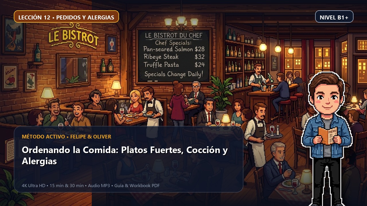 Portada de la lección 12: Ordenando la Comida: Platos Fuertes, Cocción y Alergias