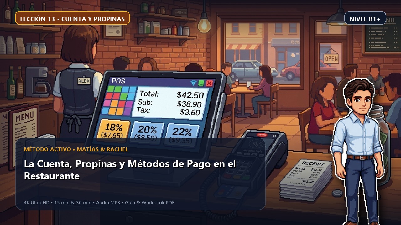 Portada de la lección 13: La Cuenta, Propinas y Métodos de Pago en el Restaurante