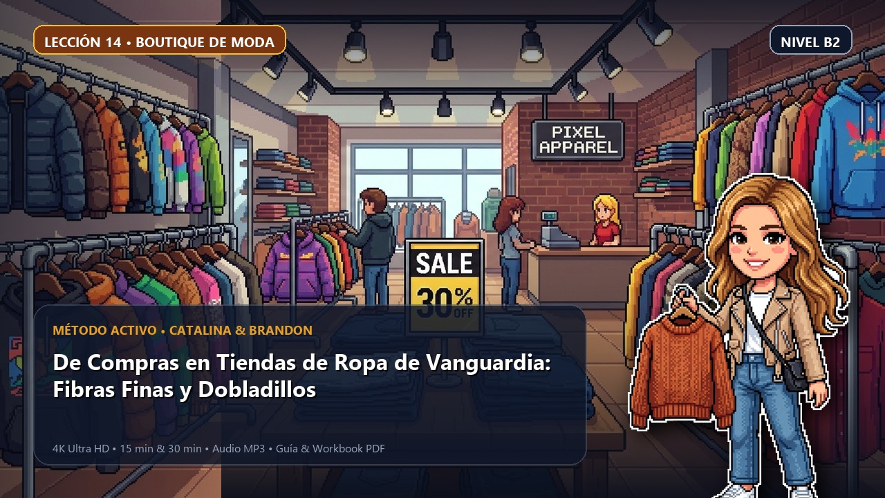 Portada de la lección 14: De Compras en Tiendas de Ropa de Vanguardia: Fibras Finas y Dobladillos