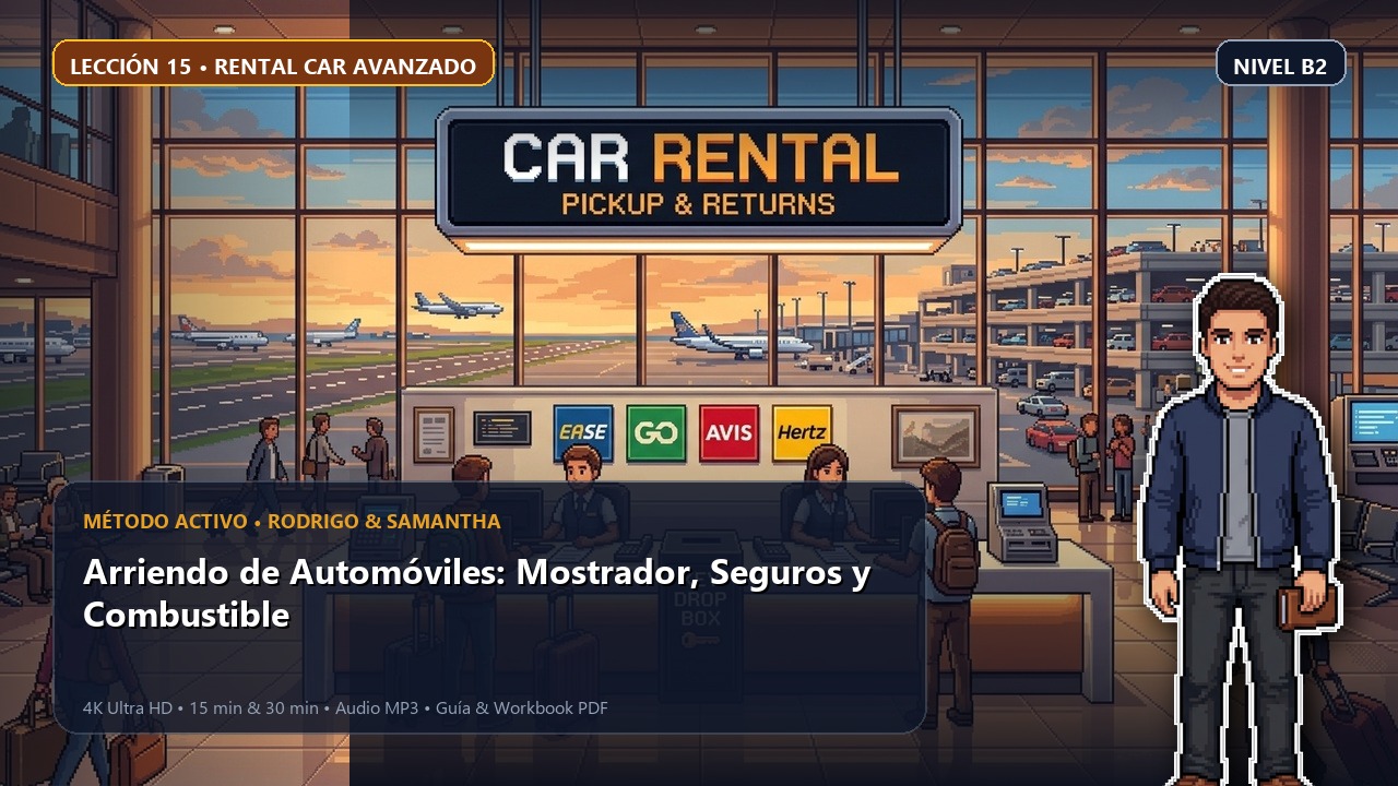 Portada de la lección 15: Arriendo de Automóviles: Mostrador, Seguros y Combustible